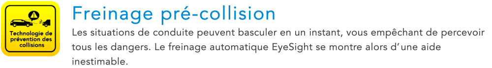 Technologie de prevention des collisions Freinage pre-collision Les situations de conduite peuvent basculer en un instant, vous empechant de percevoir tous les dangers. Le freinage automatique EyeSight se montre alors d’une aide inestimable.