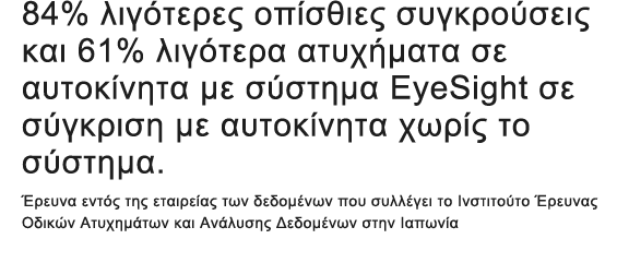 84% λιγότερες οπίσθιες συγκρούσεις και 61% λιγότερα ατυχήματα σε αυτοκίνητα με σύστημα EyeSight σε σύγκριση με αυτοκίνητα χωρίς το σύστημα. Έρευνα εντός της εταιρείας των δεδομένων που συλλέγει το Ινστιτούτο Έρευνας Οδικών Ατυχημάτων και Ανάλυσης Δεδομένων στην Ιαπωνία