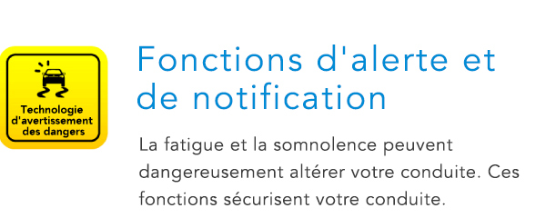 Technologie d'avertissement des dangers Fonctions d'alerte et de notification La fatigue et la somnolence peuvent dangereusement altérer votre conduite. Ces fonctions sécurisent votre conduite.